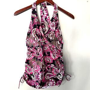 Lands' End Slender Paisley Tunic Swimsuit Halter Top Tankini Sz 4 Black Pink